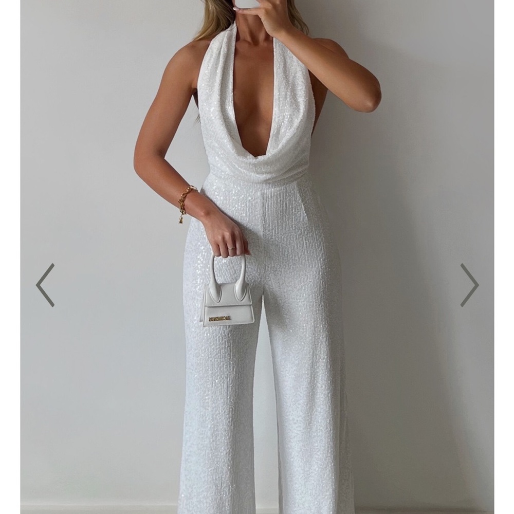 Showpo white sequin low neck jumpsuit